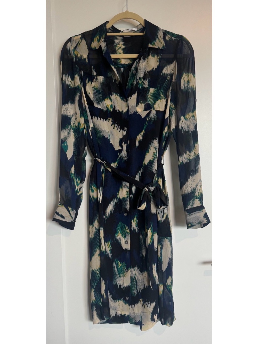 DKNYC Navy, Cream & Green Abstract Tie-Waist Shirt Dress
